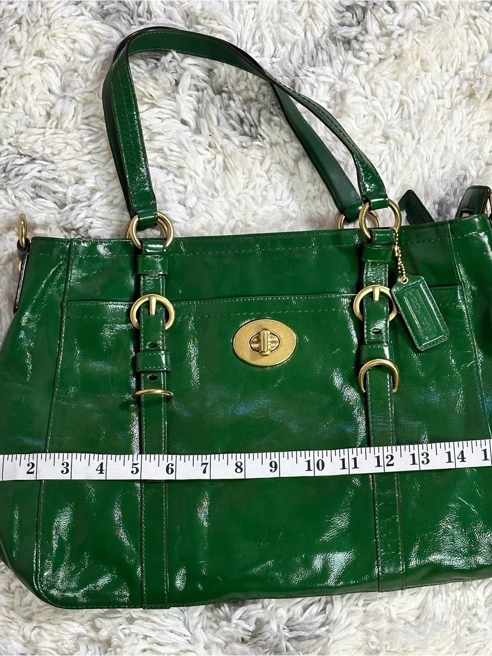 Coach Glossy Green Leather Tote with Gold Turnlock F14022